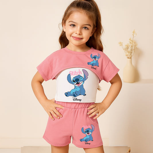 Tenue d'été 3 pièces Disney Stitch pour fille : ensemble haut court, débardeur et short pour s'amuser en plein air et se détendre.