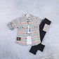 Kids 3Piecs boys set with a t-shirt and patterned top with buttons and a black jeans pants - IRRAKIDS
