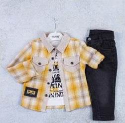 Boys 3 Pieces set top coloerd plaid and a tchirt with print and a black jeans pants - IRRAKIDS