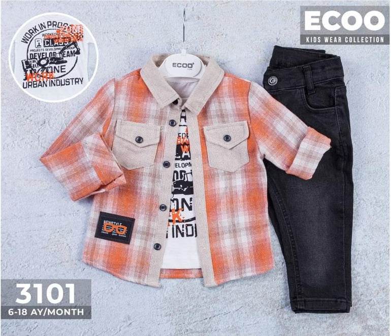 Boys 3 Pieces set top coloerd plaid and a tchirt with print and a black jeans pants - IRRAKIDS