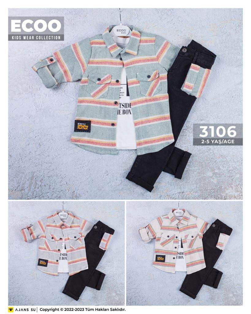Kids 3Piecs boys set with a t-shirt and patterned top with buttons and a black jeans pants - IRRAKIDS