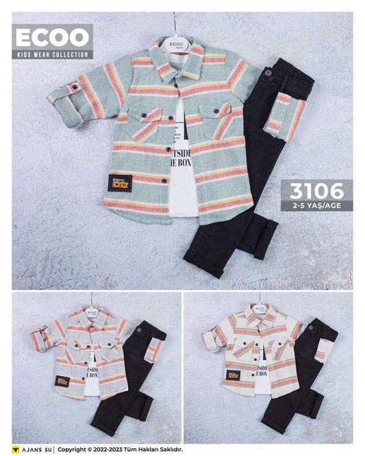 Kids 3Piecs boys set with a t-shirt and patterned top with buttons and a black jeans pants - IRRAKIDS